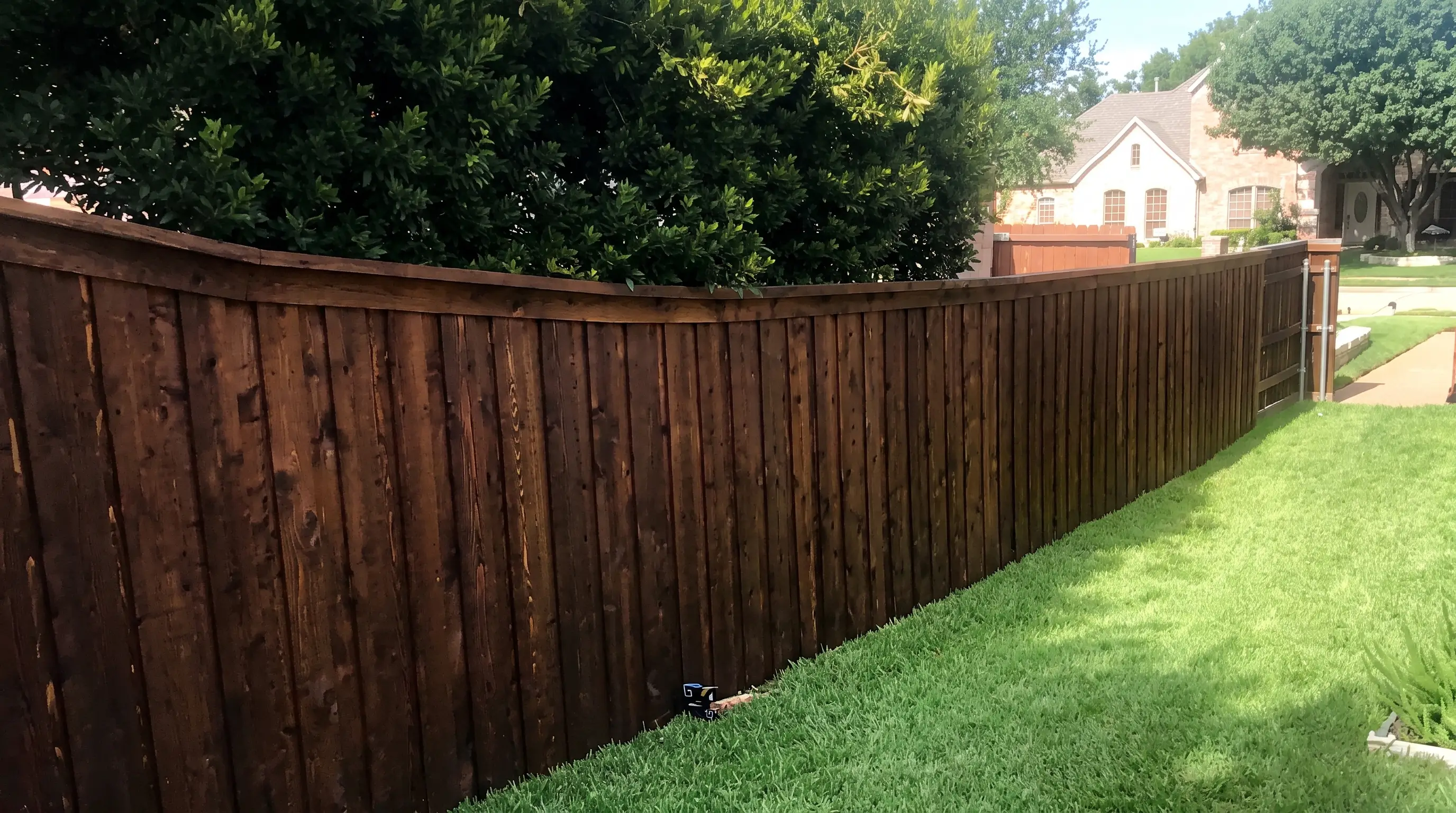 Wood privacy fence line along a driveway